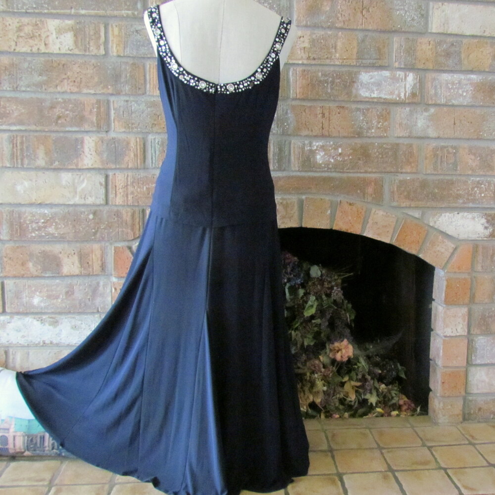 NAVY BLUE FORMAL MAXI, 12, ALEX EVENINGS, BLING STRAPS, FLARED GALA BALL GOWN - Picture 4 of 6